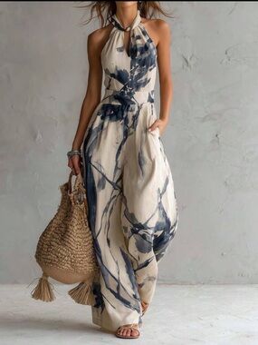 Women Boho Halter Dress Size L Beige Sleeveless Cut Out Wide Leg Jumpsuit
